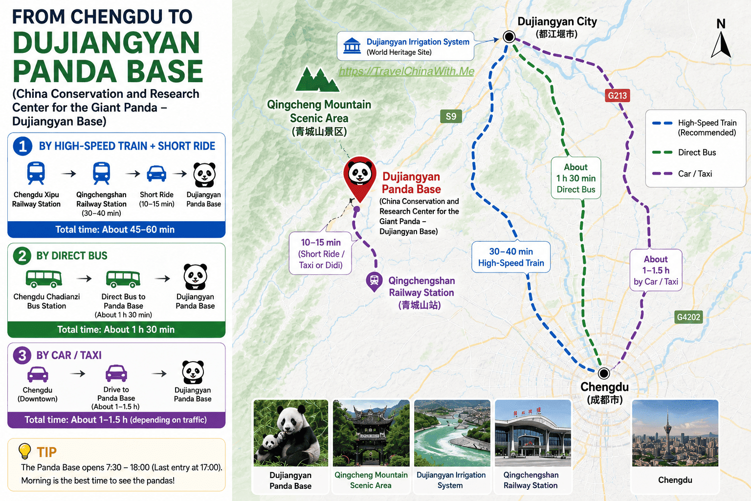 Dujiangyan Panda Base (China Giant Panda Garden): Visitor Guide 10 Chengdu - Qingcheng Mt - Transport On Map
