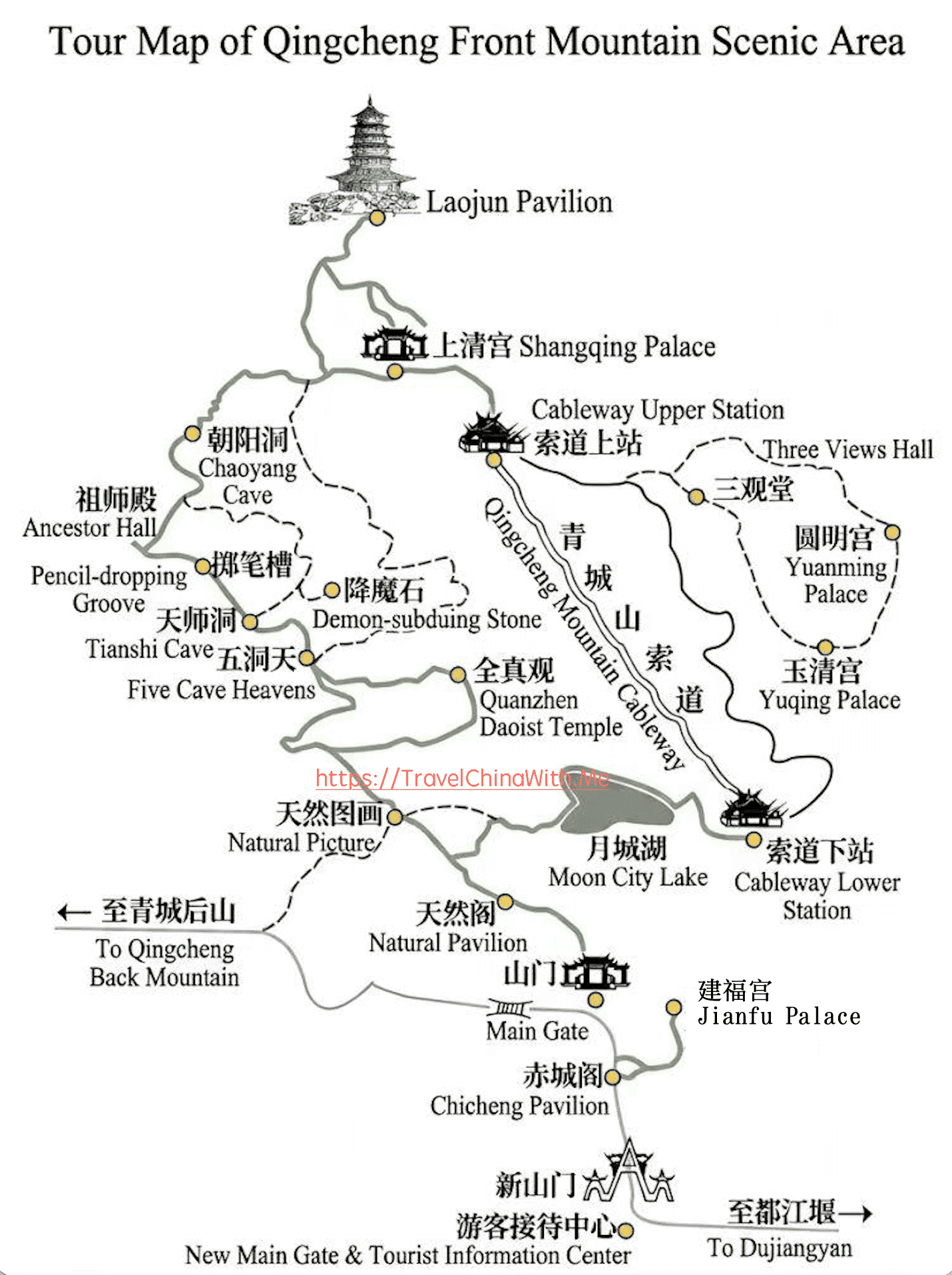 Mount Qingcheng: Front &Amp; Back Mountain, Tickets &Amp; Routes 4 Mount Qingcheng Front Mountain - Tourist Map