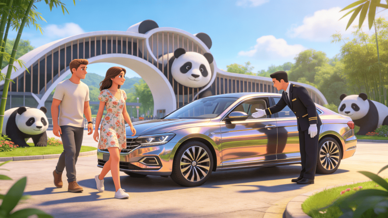 How To Get To Bifengxia Panda Base (All In One Guide) 7 A Chinese Driver Waits Outside The Chengdu Research Base Of Giant Panda Breeding, Respectfully Waiting For Two American Passengers To Board The Vehicle.