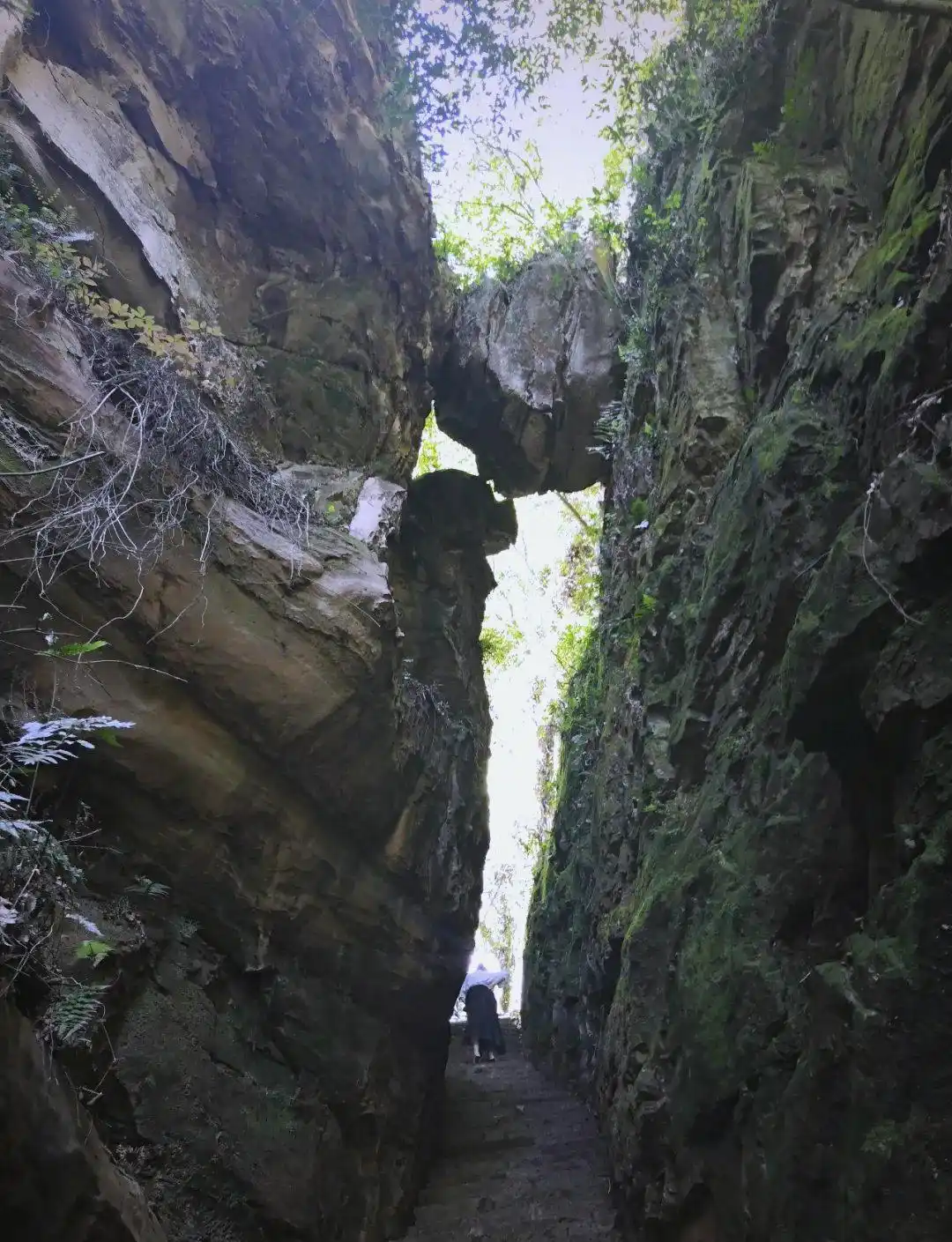 “One-Line Sky” Is Formed By A Narrow Crevice Between Two Sheer Cliffs. The Rock Peak On The Left Leans Inward, Pressing Toward The Right, While The Peak On The Right Tilts Slightly Backward. The Strip Of Sky Between Them Appears Like A Thin Thread Stretching Above.Above This Long, Narrow Gap, A Huge Boulder Is Wedged Between The Two Peaks. Locals Call It The “Heart-Testing Stone.” According To Legend, If A Pair Of Lovers Passing Beneath It Do Not Share A Sincere Love, The Stone Will Fall.