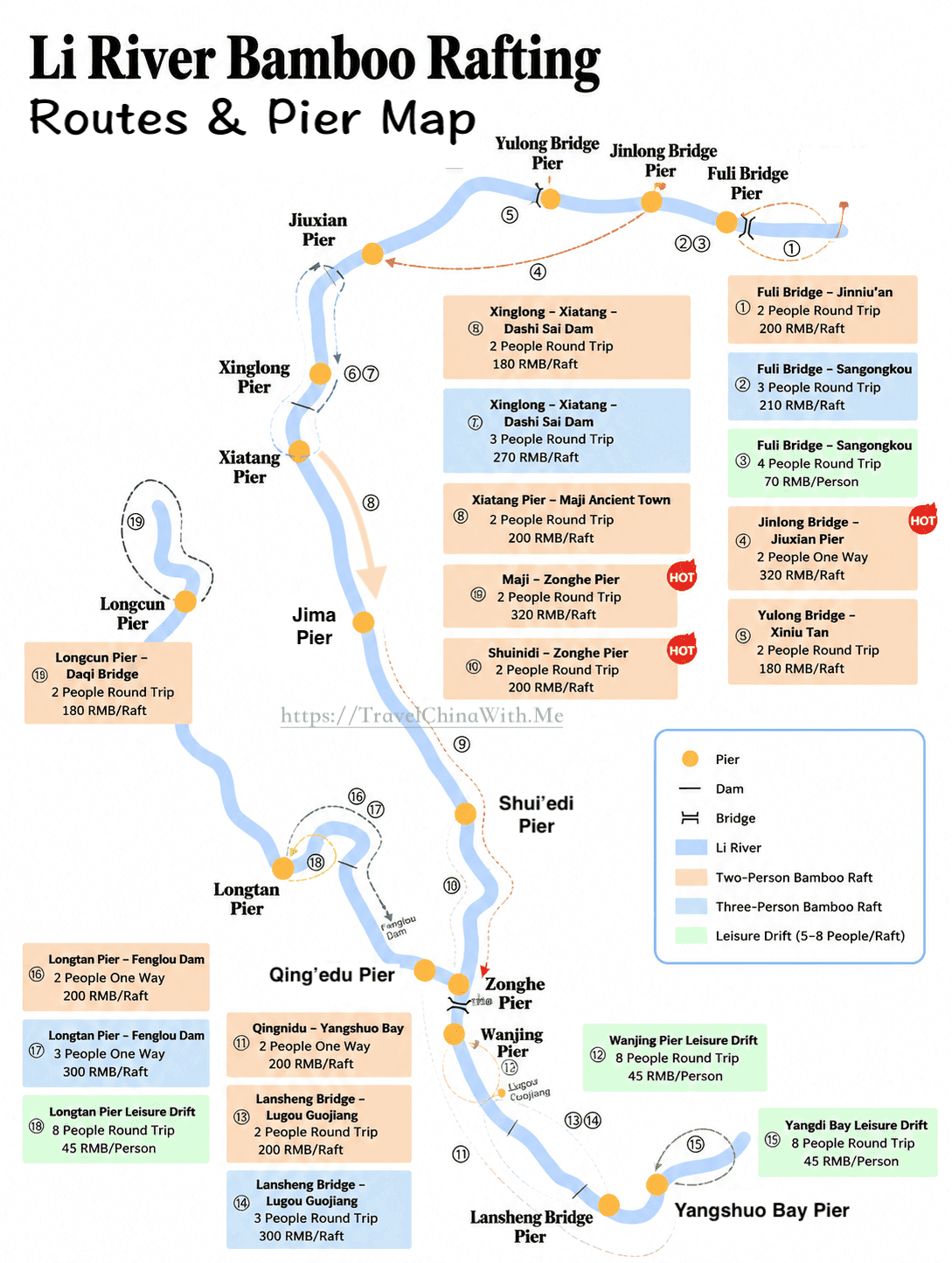 Yulong River Bamboo Rafting: All Routes, Prices &Amp; Booking 6 Yulong River Bamboo Rafting Routes &Amp; Pier Map
