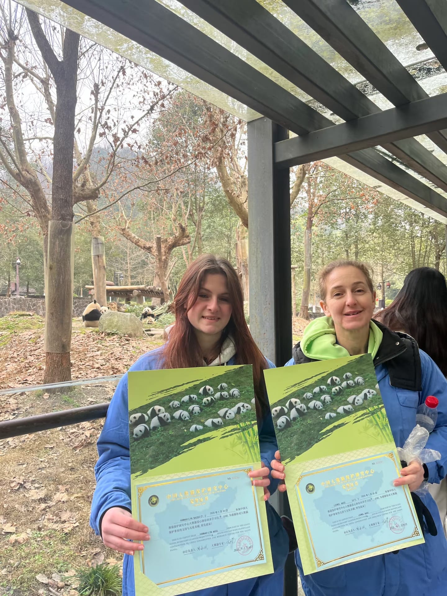 Tourists From Russia Show Off Their Panda Volunteer Activity Certificates. Jan 2025.